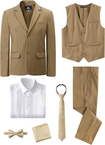A&J DESIGN Boys 7-Piece Formal Suit Ring Bearer Outfit with Dress Shirt, Jacket, Vest, Pants, Tie, Bowtie and Pocket Square in Kuwait