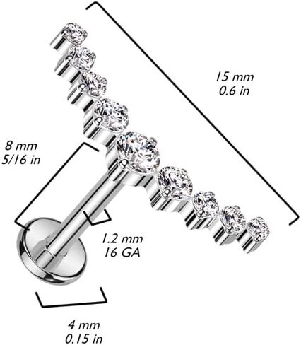 Amelia Fashion 16 Gauge Implant Grade Titanium Internally Threaded Labret With 9 CZ Curved Top (Choose Color) in Saudi Arabia