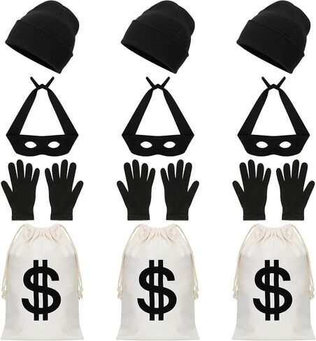 QZYL 12 PCS Robber Costume Set, Thief Cosplay Beanie Cap Gloves Eye Masks Canvas Money Bags for Halloween Burglar Theme Party in Saudi Arabia