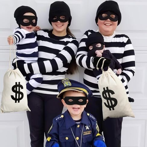 QZYL 12 PCS Robber Costume Set, Thief Cosplay Beanie Cap Gloves Eye Masks Canvas Money Bags for Halloween Burglar Theme Party in Saudi Arabia