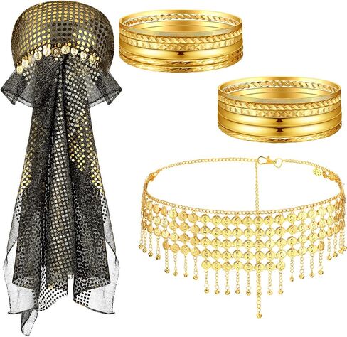 4 Pieces Gypsy Costume Women Halloween Belly Dance Accessories Fortune Teller Gypsy Costume Headpiece, Hip Scarf and Ethnic Tribal Indian Golden Bracelets Set for Women Girls Halloween Gypsy Cosplay in Saudi Arabia