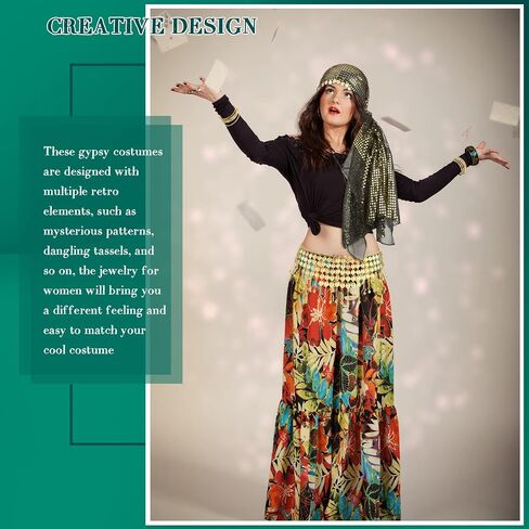 4 Pieces Gypsy Costume Women Halloween Belly Dance Accessories Fortune Teller Gypsy Costume Headpiece, Hip Scarf and Ethnic Tribal Indian Golden Bracelets Set for Women Girls Halloween Gypsy Cosplay in Saudi Arabia