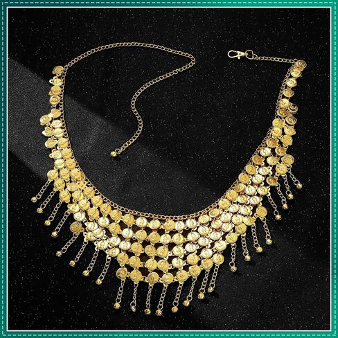 4 Pieces Gypsy Costume Women Halloween Belly Dance Accessories Fortune Teller Gypsy Costume Headpiece, Hip Scarf and Ethnic Tribal Indian Golden Bracelets Set for Women Girls Halloween Gypsy Cosplay in Saudi Arabia
