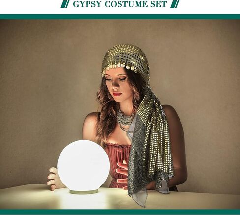 4 Pieces Gypsy Costume Women Halloween Belly Dance Accessories Fortune Teller Gypsy Costume Headpiece, Hip Scarf and Ethnic Tribal Indian Golden Bracelets Set for Women Girls Halloween Gypsy Cosplay in Saudi Arabia