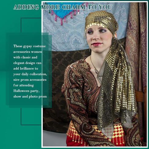 4 Pieces Gypsy Costume Women Halloween Belly Dance Accessories Fortune Teller Gypsy Costume Headpiece, Hip Scarf and Ethnic Tribal Indian Golden Bracelets Set for Women Girls Halloween Gypsy Cosplay in Saudi Arabia
