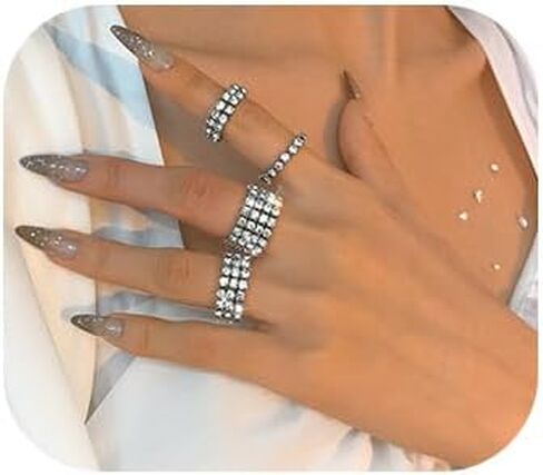 Wekicici 4pcs Silver Rhinestone Rings Set Fashion Elastic Crystal Rhinestone Stretch Ring Sparkling Accessories for Women Girls in Saudi Arabia