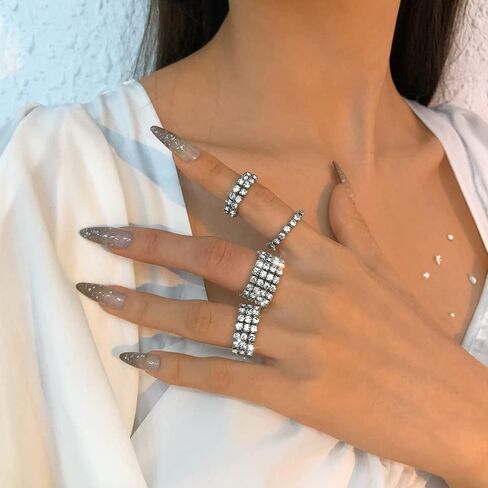 Wekicici 4pcs Silver Rhinestone Rings Set Fashion Elastic Crystal Rhinestone Stretch Ring Sparkling Accessories for Women Girls in Saudi Arabia