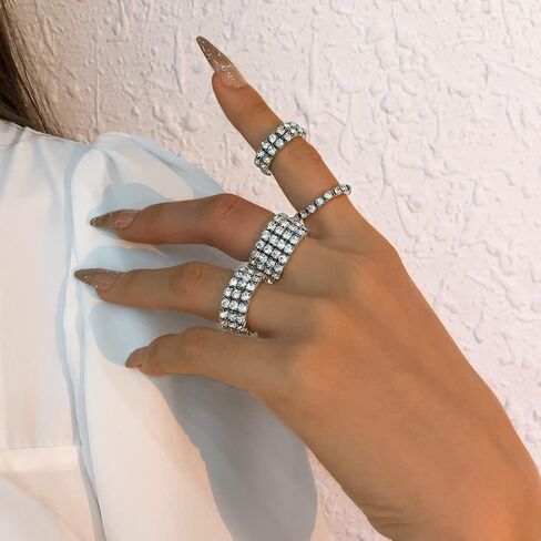Wekicici 4pcs Silver Rhinestone Rings Set Fashion Elastic Crystal Rhinestone Stretch Ring Sparkling Accessories for Women Girls in Saudi Arabia