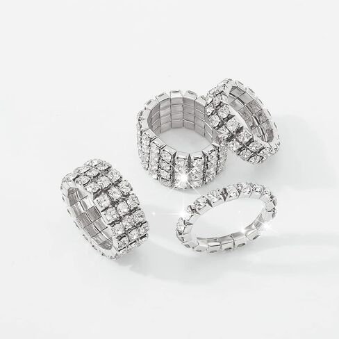 Wekicici 4pcs Silver Rhinestone Rings Set Fashion Elastic Crystal Rhinestone Stretch Ring Sparkling Accessories for Women Girls in Saudi Arabia