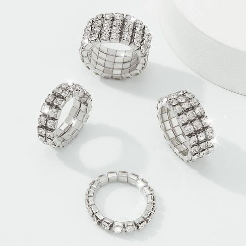 Wekicici 4pcs Silver Rhinestone Rings Set Fashion Elastic Crystal Rhinestone Stretch Ring Sparkling Accessories for Women Girls in Saudi Arabia