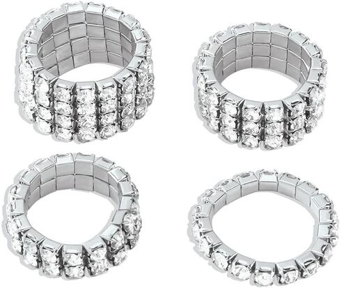 Wekicici 4pcs Silver Rhinestone Rings Set Fashion Elastic Crystal Rhinestone Stretch Ring Sparkling Accessories for Women Girls in Saudi Arabia