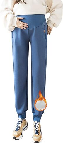 HUGYOIU Autumn Winter Over Bump Maternity Pants Pockets Fleece Lining Sweatpants for Pregnant Women in Kuwait