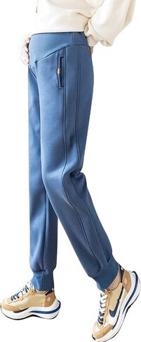 HUGYOIU Autumn Winter Over Bump Maternity Pants Pockets Fleece Lining Sweatpants for Pregnant Women in Kuwait