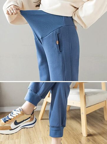 HUGYOIU Autumn Winter Over Bump Maternity Pants Pockets Fleece Lining Sweatpants for Pregnant Women in Kuwait