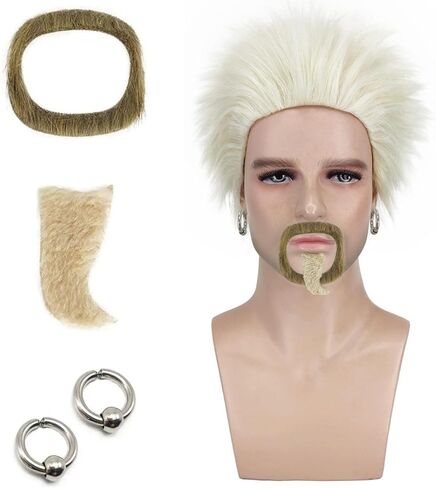 شعر مستعار زي الشيف الأشقر من CJK مع ملحقات للرجال شعر مستعار شائك المشاهير مع لحية ولحية وسكسوكة وأقراط رجالية مشبكة CJ015 in Kuwait