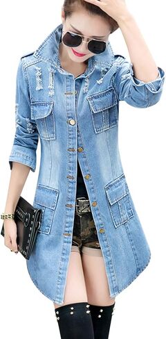 جاكيت Tanming النسائي الكاجوال من قماش الدنيم الممزق بأكمام طويلة ومعطف جينز ممزق in Kuwait