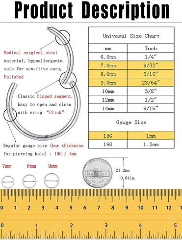 3Pairs 18G/16G 6/7/8/9/10MM Surgical Steel Clicker Hinged Nose Rings Small Thin Hoop Earrings, Safety Hypoallergenic 14K Gold Plated Tiny Seamless Hoops Set for Septum Nostril Cartilage Helix Tragus Daith Earlobe 2nd & 3rd Hole Multiple Piercing in Kuwait