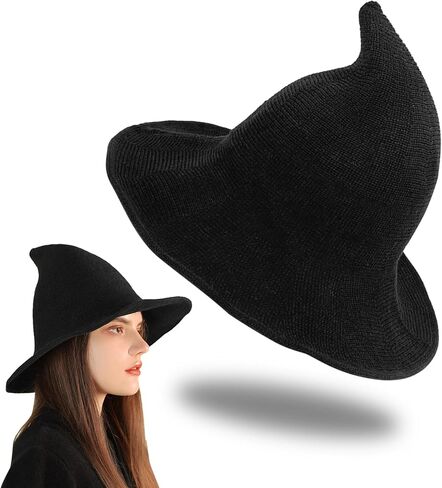 قبعة WOOPOWER للهالوين الساحرة، قبعات صوف محبوكة عصرية للسيدات، قبعة واسعة الحواف قابلة للطي، قبعة مدببة للبالغين، إكسسوار أزياء تنكرية لحفلات الهالوين (الحجم: 56-58 سم) in Kuwait