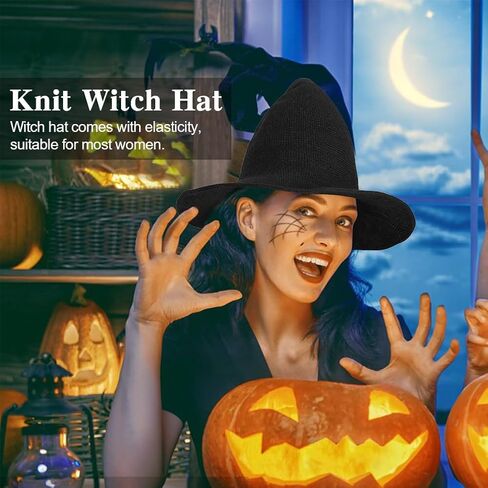 قبعة WOOPOWER للهالوين الساحرة، قبعات صوف محبوكة عصرية للسيدات، قبعة واسعة الحواف قابلة للطي، قبعة مدببة للبالغين، إكسسوار أزياء تنكرية لحفلات الهالوين (الحجم: 56-58 سم) in Kuwait
