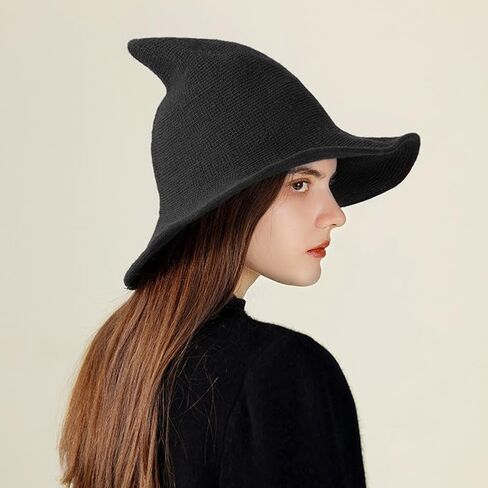 قبعة WOOPOWER للهالوين الساحرة، قبعات صوف محبوكة عصرية للسيدات، قبعة واسعة الحواف قابلة للطي، قبعة مدببة للبالغين، إكسسوار أزياء تنكرية لحفلات الهالوين (الحجم: 56-58 سم) in Kuwait