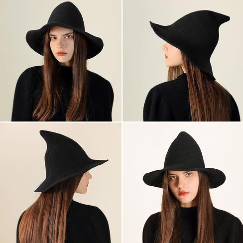قبعة WOOPOWER للهالوين الساحرة، قبعات صوف محبوكة عصرية للسيدات، قبعة واسعة الحواف قابلة للطي، قبعة مدببة للبالغين، إكسسوار أزياء تنكرية لحفلات الهالوين (الحجم: 56-58 سم) in Kuwait