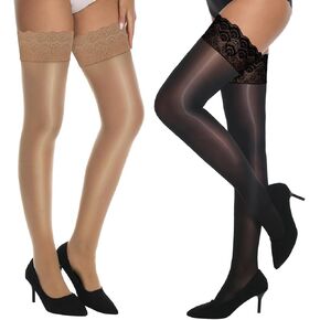 Yilanmy Shiny Thigh High Stockings Silicone Lace Top Silky Sheer Pantyhose for Women Shimmery Tights 2 Pairs