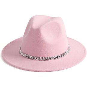 Gossifan Women Men Wide Brim Fedoran Hat with Chain Belt Buckle