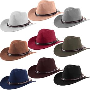 Toulite 9 Pcs Western Cowboy Hat Unisex Fur Faux Felt Hats Outback Wide Brim Travel Cap with Strap for Men Women Adults Cowgirl Indoor Outdoor Party Cosplay Costume, 9 Colors in Saudi Arabia