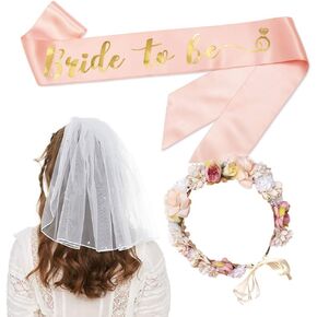 YULIPS Bridal Shower Sash & Veil & Flower Crown Set - Rose Gold Bride To Be Sash, Flower Crown, Bachelorette Party Veil - Bridal Shower Hen Party Wedding Accessories Party Favors (Rose Gold) in Saudi Arabia