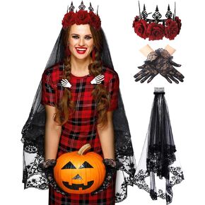 Black Lace Veil Bridal Halloween Floral Wedding Veils with Comb Costume Black Lace Short Gloves Vintage Rose Flower Crown Queen Hair Band Headband Accessories for Women Girls Wedding Cosplay Party in Saudi Arabia