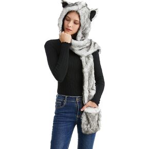 قبعة شتوية من الفرو الصناعي متعددة الوظائف بغطاء للرأس مع وشاح وقفاز وكفوف-في واحد كومبو لحفلات عيد الميلاد والهالوين in Kuwait