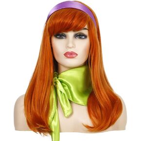 Long Wavy Ginger Orange Wigs with Bangs for Women | Green Scarf | Purple Headband (Adult Size)