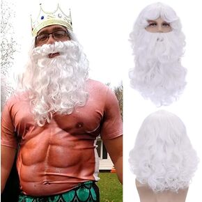 DUDUWIG White Wig and Mustache for Mens Long Curly White Wig and Beard Set for Cosplay Halloween Mustache Costume Wig