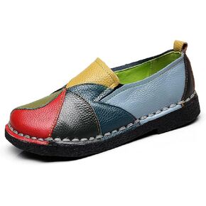 Trsorini Women Casual Loafers Shoes Comfortable Multi Color Stitching Leather Slip on Shoes for Lady Soft Sole Flat Driving Walking Dress