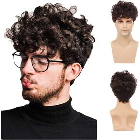 Swiking Curly Afro Black Men Wigs Short Fluffy Synthetic Hair Wig Halloween Party Cosplay Costume Full Wigs (Black)