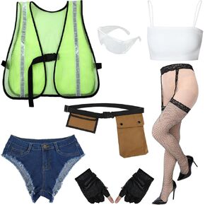 TecUnite 7 Pcs Women Construction Worker Costume Set Halloween Cosplay Costume for Women Includes Top Vest Shorts Belt with Pouch Gloves Glasses and Stockings for Halloween Party in Kuwait