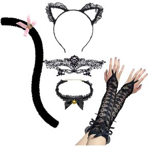 زي تنكري للقطط السوداء، يتضمن أذنين من الدانتيل القطة، قناع تنكري، قلادة، قفازات، زينة لذيل القط في عيد القديسين طقم زي القطة المثير لحفلات الهالوين التنكرية in Kuwait