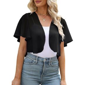 AFVETUT Women Summer Open Front Sheer Short Sleeve Ruffle Cropped Chiffon Capes Bolero Shrug Cardigan