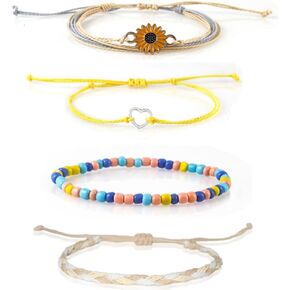 COLORFUL BLING 4-piece Summer Surf Anklet Bracelet Adjustable Chain Braided Rope Bracelet Sunflower Heart Beads Friendship Bracelet Beach Surf Jewelry Girl in Kuwait
