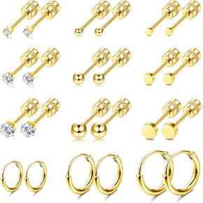 LOYALLOOK Tiny Ball CZ Screw Back Surgical Steel Stud Earrings for Women Men 14K Gold Plated Small Huggie Hoop Earrings Sleeper Studs for Sensitive Ears Double Side Earrings Sets for Multiple Piercing