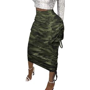 Vakkest Women's Camo Cargo Midi Skirt Elegant High Waist Vintage Dress Slit Front Ruffle Long Bodycon Maxi Skirts