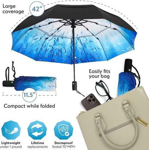 TUMELLA Unbreakable Windproof Travel Umbrella (Compact, Superior & Beautiful), Small Strong but Light Portable and Automatic Folding Rain Umbrella, Durable Premium Grip, Fits Car & Backpack in Kuwait