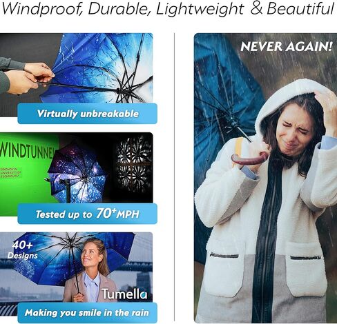 TUMELLA Unbreakable Windproof Travel Umbrella (Compact, Superior & Beautiful), Small Strong but Light Portable and Automatic Folding Rain Umbrella, Durable Premium Grip, Fits Car & Backpack in Kuwait