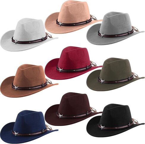 Toulite 9 Pcs Western Cowboy Hat Unisex Fur Faux Felt Hats Outback Wide Brim Travel Cap with Strap for Men Women Adults Cowgirl Indoor Outdoor Party Cosplay Costume, 9 Colors in Saudi Arabia
