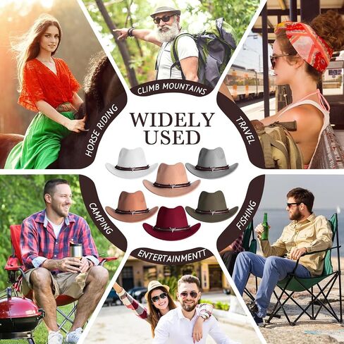 Toulite 9 Pcs Western Cowboy Hat Unisex Fur Faux Felt Hats Outback Wide Brim Travel Cap with Strap for Men Women Adults Cowgirl Indoor Outdoor Party Cosplay Costume, 9 Colors in Saudi Arabia