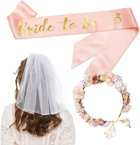 YULIPS Bridal Shower Sash & Veil & Flower Crown Set - Rose Gold Bride To Be Sash, Flower Crown, Bachelorette Party Veil - Bridal Shower Hen Party Wedding Accessories Party Favors (Rose Gold) in Saudi Arabia