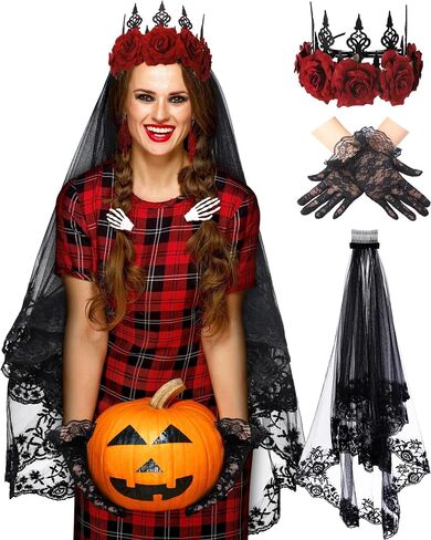 Black Lace Veil Bridal Halloween Floral Wedding Veils with Comb Costume Black Lace Short Gloves Vintage Rose Flower Crown Queen Hair Band Headband Accessories for Women Girls Wedding Cosplay Party in Saudi Arabia
