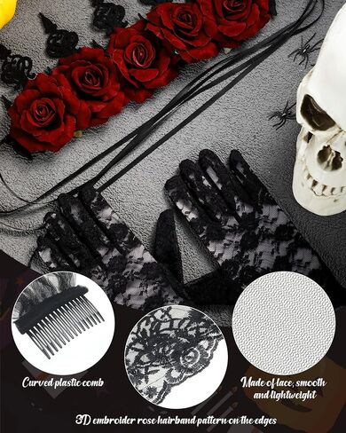 Black Lace Veil Bridal Halloween Floral Wedding Veils with Comb Costume Black Lace Short Gloves Vintage Rose Flower Crown Queen Hair Band Headband Accessories for Women Girls Wedding Cosplay Party in Saudi Arabia