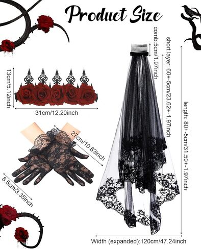 Black Lace Veil Bridal Halloween Floral Wedding Veils with Comb Costume Black Lace Short Gloves Vintage Rose Flower Crown Queen Hair Band Headband Accessories for Women Girls Wedding Cosplay Party in Saudi Arabia