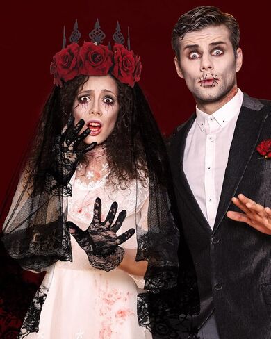 Black Lace Veil Bridal Halloween Floral Wedding Veils with Comb Costume Black Lace Short Gloves Vintage Rose Flower Crown Queen Hair Band Headband Accessories for Women Girls Wedding Cosplay Party in Saudi Arabia